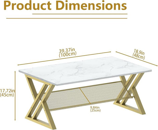 Wolawu Coffee Table Living Room Table with Storage Shelf, White Table Simple Modern Faux Marble Rectangular Tables with Sturdy Gold Metal Frame,Industrial Wooden Coffee Table for Bedroom Home Office