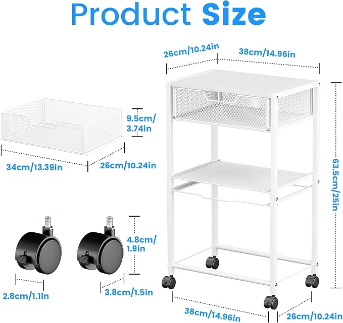 Cawukege 3 Tier Printer Stand, Mobile Table with Wheels, Printer Shelf Rolling Cart with Storage Desk Organizer Hanging File for Office Home, White