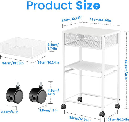Cawukege 3 Tier Printer Stand, Mobile Table with Wheels, Printer Shelf Rolling Cart with Storage Desk Organizer Hanging File for Office Home, White