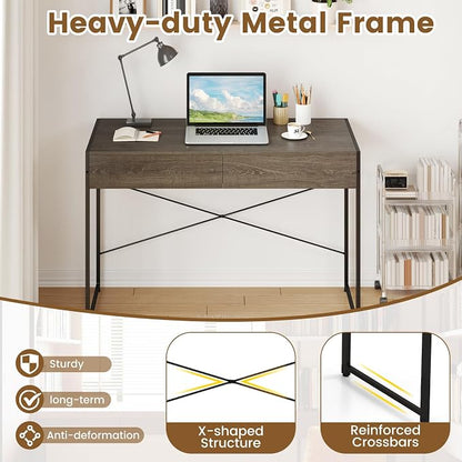 Giantex Computer Desk with 2 Drawers, 44 Inch Home Office Desk with Anti-Toppling Device & Metal Frame, Compact Laptop PC Table, Vanity Table, Modern Study Writing Desk for Small Spaces (Grey Oak)
