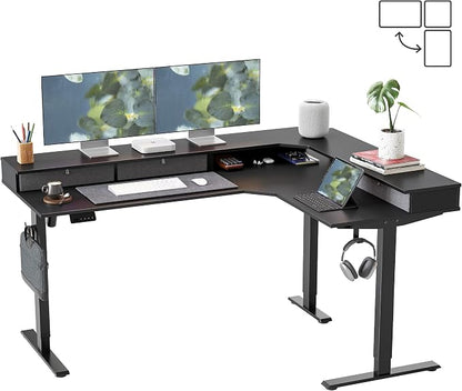 FEZIBO L Shaped Electric Standing Desk, 63 x48 inch Large with Drawers | Reversible Tabletop, 2 Memory Height Settings | Home Office & Gaming Height-Adjustable Table, Black Top/Black Frame（2 packages）