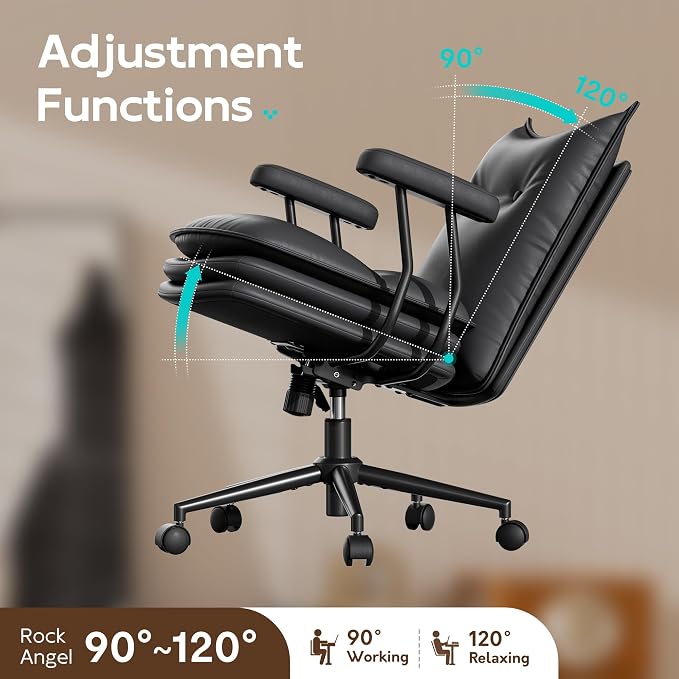 Black Leather Office Chair with Triple-Layer Seat, Home Desk Chair | Comfy 7.3-inch Thick Cushion, Mid Back Ergonomic Support for Long Hours, Smooth Silent Wheels, Mid-Century Vintage Style