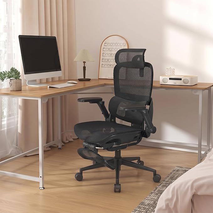 SIHOO B300 PRO Comfy Ergonomic Office Chair with FOOTREST, Mesh Computer Chair with 360° FILP-up 6D Armrests, 135° Reclining, Breathable Desk Chair for Home Office, Holds 300 LBS-White