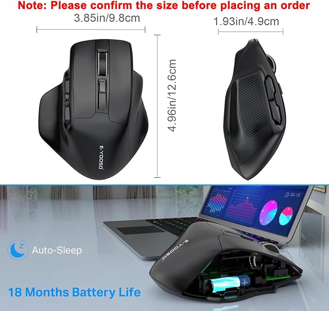 E-YOOSO Large Wireless Mouse for Big Hands, X-31 Cordless Ergo Computer Mouse, 6 Buttons, 5-Level 4800 DPI, 18 Months Battery Life, for Laptop, PC, Chromebook (Bluetooth, 6)
