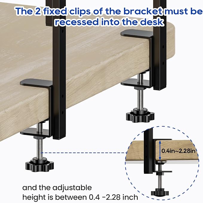 Clamp On Desk Shelf 2-Tier, 16.5 in Wood Shelving Unit for Office Desk/Gaming Accessories, Tabletop Book Storage Rack, Shelf for Top of Desk, Black