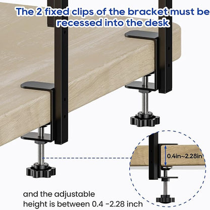 Clamp On Desk Shelf 2-Tier, 16.5 in Wood Shelving Unit for Office Desk/Gaming Accessories, Tabletop Book Storage Rack, Shelf for Top of Desk, Brown