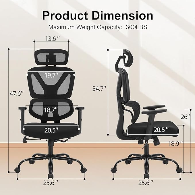Ergonomic Office Chair, High Back Mesh Executive Desk Chair with Adjustable Height and Adjustable Armrests, Lumbar Support Swivel Task Computer Chair, 350LBS