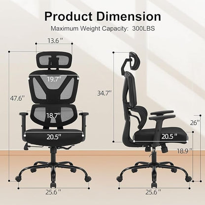 Ergonomic Office Chair, High Back Mesh Executive Desk Chair with Adjustable Height and Adjustable Armrests, Lumbar Support Swivel Task Computer Chair, 350LBS