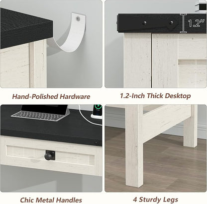 YOMILUVE Farmhouse Computer Desk with 2 Drawers, 39 Inch Small Office Computer Desk with Power Outlets, Compact Writing Study Vanity Desk for Small Spaces, Black and White