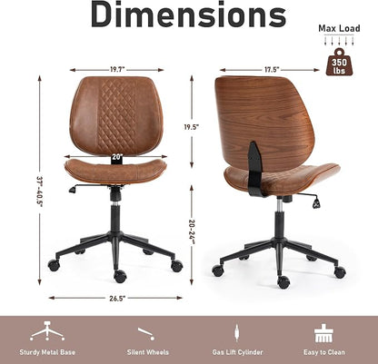 DYHOME Modern Walnut Home Office Chair with Wheels, Executive Office Desk Chair No Arms, Adjustable Height Small Desk Chair, Comfy PU, Deeper Cushion, Mid Back 360 Swivel Computer Chair, Brown
