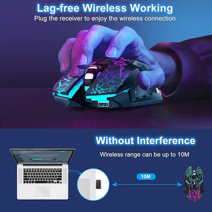 Wireless Gaming Mouse, Rechargeable Wireless Computer Mouse with Type-C Fast Charging, Ergonomic Mouse with 3 Adjustable DPI, 6 Silent Buttons, LED Light, Long Battery Life for Laptop, PC, Mac