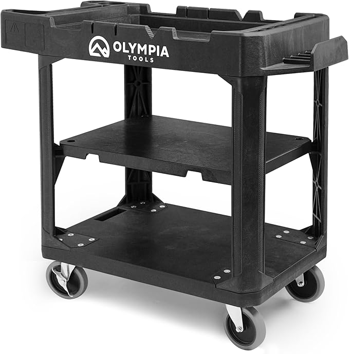Olympia Tools 2-in-1 Heavy Duty Utility Work Cart, Rolling Tool Cart with Wheels, Convertible 3-Shelf to Flat Top Workstation, 660 Lb Capacity, Black