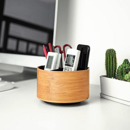 Round Leather Art Supply Organizer,Remote Control Holder,360 Degree Spinning,Multi-Functional Pencil Holder,4 Compartments Desktop Stationary Organizer(1-Beige2)