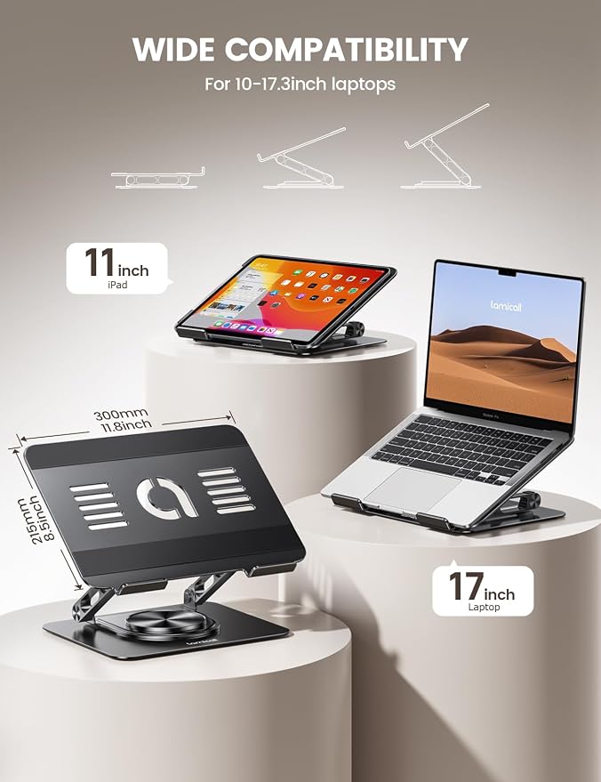 Lamicall Adjustable Laptop Stand for Desk - 360° Rotating Base Ergonomic Computer Stand, Aluminum Laptop Riser Foldable Protable for Office Home fits MacBook Neo Air Pro, Dell, HP (10-17.3'') - Black