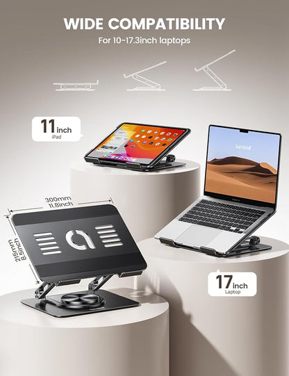 Lamicall Adjustable Laptop Stand for Desk - 360° Rotating Base Ergonomic Computer Stand, Aluminum Laptop Riser Foldable Protable for Office Home fits MacBook Neo Air Pro, Dell, HP (10-17.3'') - Black