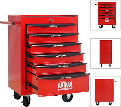 RYH 6 Drawers Rolling Tool Chest - Heavy Duty Mobile Tool Cart with Locking Wheels & Ball Bearing Drawers, 30.5" H x 20.9" W x 13" D Garage Tool Storage Cabinet (Red, 6 Drawers)