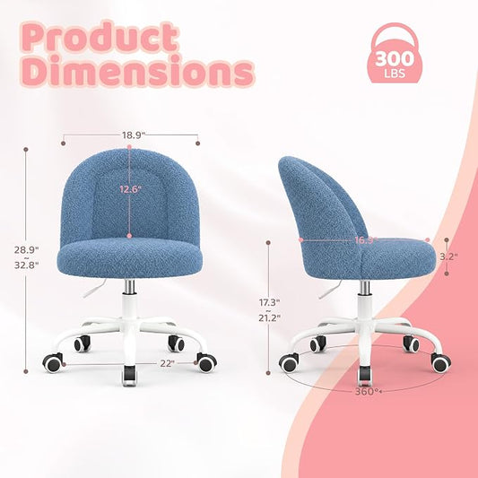 DurayLoly Cute Vanity Chair with Wheels, Ultra-Soft Teddy Fleece, Adjustable Height & 360° Swivel Compact Rolling Desk Chair for Bedroom, Vanity Table & Dorm Ink Blue