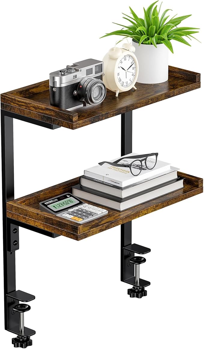 Clamp On Desk Shelf 2-Tier, 12.5 inche Wood Shelving Unit for Office Desk/Gaming Accessories, Tabletop Book Storage Rack, Shelf for Top & Under of Desk, Brown