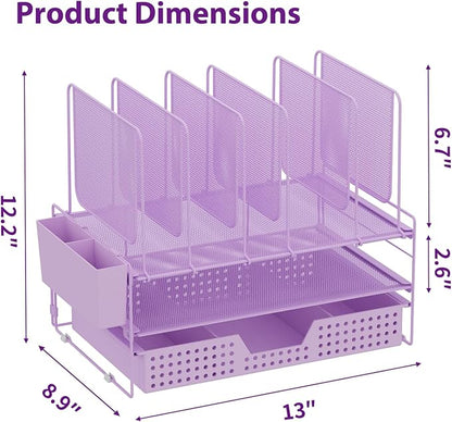 LEKETREE Desk Organizer, Office Organization with Vertical File Holder, File Organizer with Drawer and Pen Holder, Desk Accessories and Workspace Organizers for Home Office (Purple)