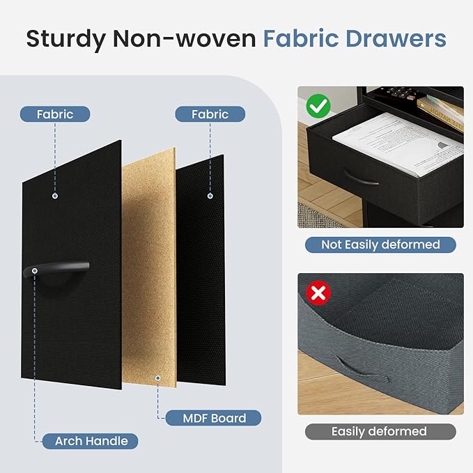 DUMOS 2 Drawer Mobile File Cabinet, Fabric Filing Cabinet with 24'' Desktop,Small Office Drawers Under Desk Fits A4 Size, Rolling Printer Stand with Storage Side Bag for Home Office, Black