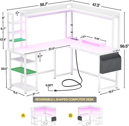 Aheaplus L Shaped Desk with Power Outlet, L Shaped Gaming Desk with Led Light & Hutch, Reversible Home Office Desk, Corner Computer Desk Writing Desk with Monitor Stand & Storage Shelves, White