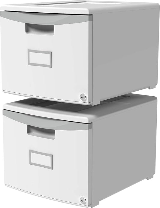 Storex Plastic One-Drawer File Cabinet – Locking Document Organizer for Home and Office, Gray, 2-Pack (61261A02C)