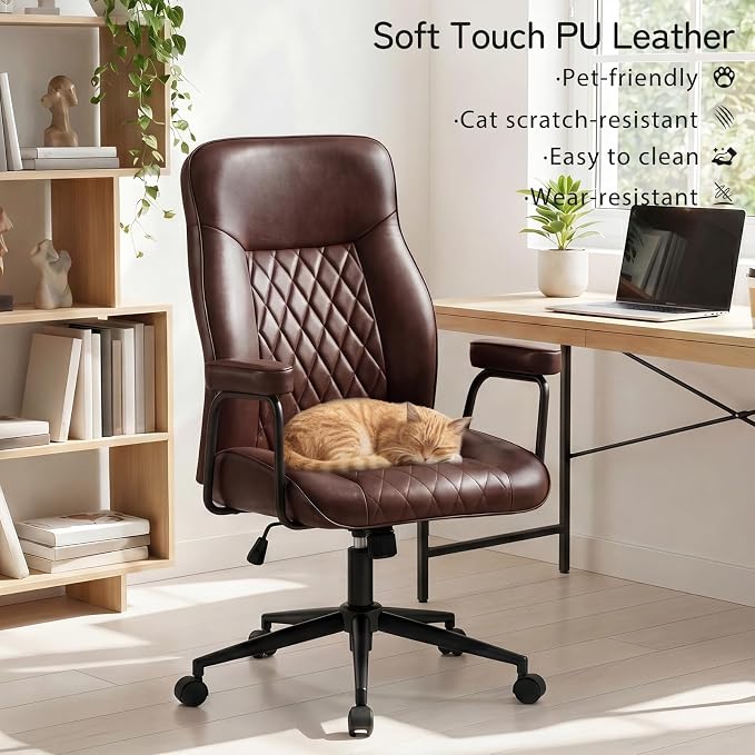 Furniliving Leather Office Chair, Comfy Home Office Desk Chair, Mid Century Modern Office Chair with Lumbar Support, Mid-Back Adjustable Swivel Computer Chair with Wheels and Arms, Dark Brown