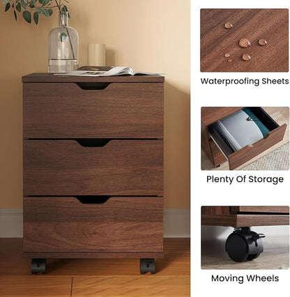 Farini Wood File Cabinet for Home Office,Under Desk 3 Drawer Mobile File Cabinet(Brown,Fully-Assembled)