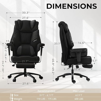 Dowinx Big and Tall Office Chair 400 Lbs with Rotating Massage Lumbar Support, Wide Thick Seat Cushion and Adjustable Armrest,Mesh Computer Gaming Chairs with Footrest,Black