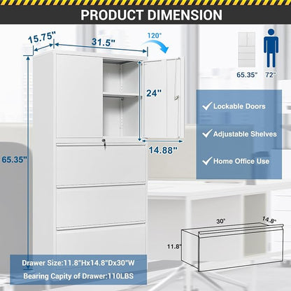 Fesbos 3 Drawers Metal Lateral File Cabinet with Lockable Drawer and Dorrs - White Large Steel Filing Cabinet for Home Office Hanging Files Letter/Legal/F4/A4 Size