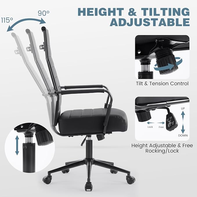 Office Desk Chair, Modern Leather Conference Room Chairs with High Back,Wheels and Arms, Ergonomic Executive Ribbed Height Adjustable Swivel Chair for Home Office (Black Frame)
