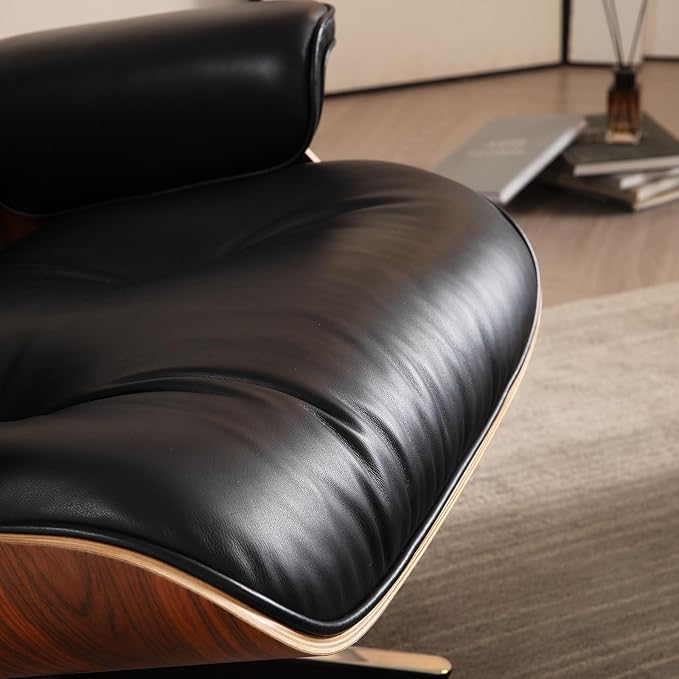 Mid Century Chaise Lounge Chair with Ottoman, Ultra Premium Aniline Leather Reading Chair, Modern Chair Classic Design, Heavy Duty Base Support for Living Room Study Lounge Office, Palisander Black