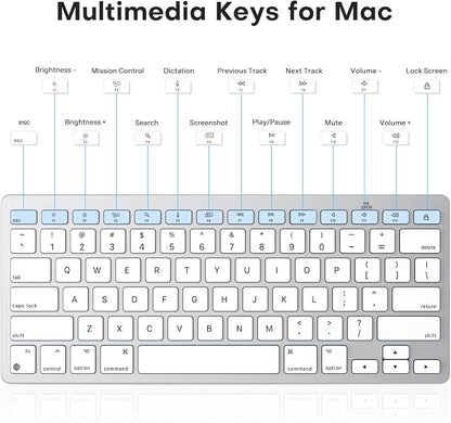 OMOTON Wireless Keyboard for Mac, Bluetooth Keyboard for Mac - No Number Pad, Compact Travel Design for Coffee Shop, Home Office, macOS Function Keys, Compatible with MacBook Pro/Air/iMac, Silverwhite