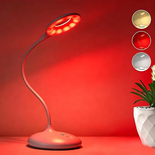 Rechargeable Desk Lamp, 670nm Red Light Therapy & Eye Protection Orange Light, 3 Color Modes, Stepless Dimming Touch Control, No Blue Light, Portable Cordless Reading Lamp for Bedroom Office Students