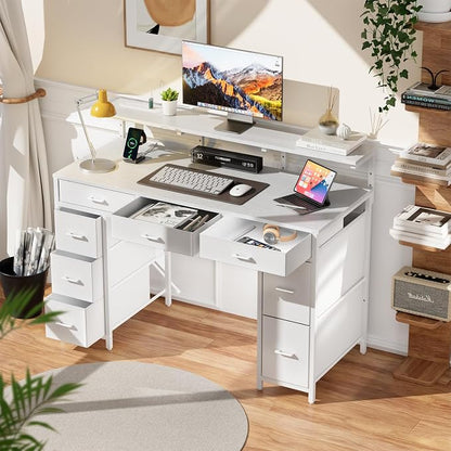 HLDIRECT 47 inch Computer Desk with 8 Storage Drawers, Gaming Desk with LED Lights & USB Power Outlets, Home Office Table with Monitor Stand, Study Writing Work Table for Bedroom, White