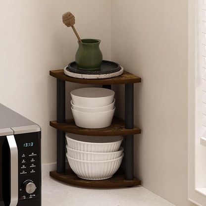 Furinno Turn-N-Tube Kitchen Countertop Organizer, 3-Tier Corner Countertop Organizer Shelf, Corner Shelf, for Kitchen, Pantry, Organizers and Storage, Amber Pine