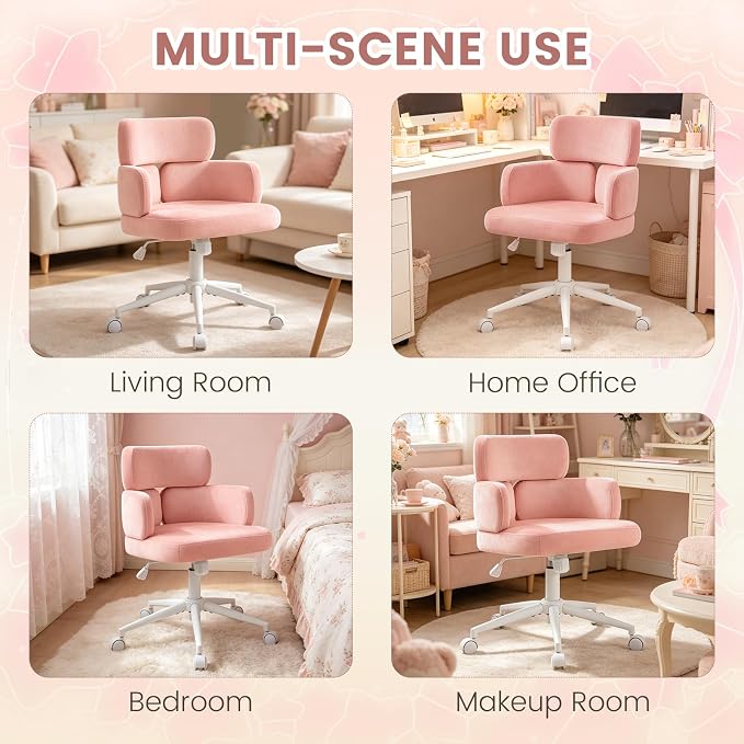 Home Office Chair, Pink Desk Chair with Unique Curved Back and Wide Seat, Swivel Tilt Height Adjustable Computer Chair with Wheels, Plush Velvet Fabric for Vanity, Metal Base