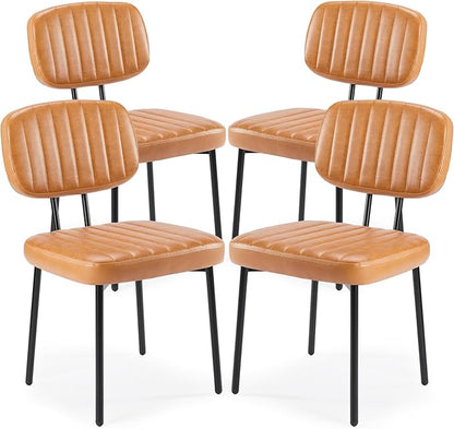 Sweetcrispy Dining Chairs Set of 4, Upholstered Mid Century Modern Kitchen Accent Chairs with Faux Leather Cushion Seat & Metal Legs for Home Office, Living Room - Brown