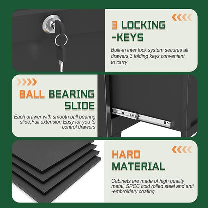 erosoei 3 Drawer File Cabinet with Lock, Metal Lateral File Cabinets for Home Office, Steel Wide Filing Organization Storage Cabinets, Home Office Furniture for Hanging Files Letter/Legal/F4/A4 Size.