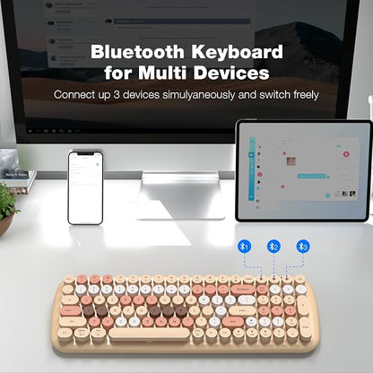 MOFII Wireless Bluetooth Keyboard for Mac, iPad, iPhone, PC, Laptop & Android, Connect up to 3 Devices Simultaneously, Portable 100-Key Typewriter Retro Round Keycaps Keyboard- Milk Tea Colorful