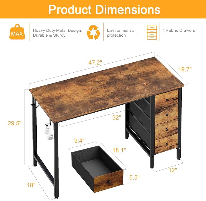 DLisiting 47 Inch Computer Office Desk - Home Office Desk with Storage Fabric Drawers, Simple PC Writing Work Desks for Bedroom Boys Girls Teens Childrens, Rustic Brown
