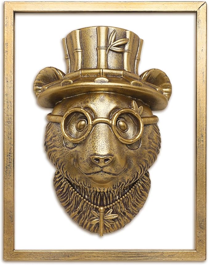 Newinhome Animal Heads Wall Decor (Includes Metal Frame) Resin Animals Sculptures Head Wall Hanging Decoration Gold vintage Wall Sculpture for Living Room Bedroom Office(Panda)