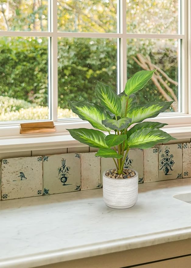 Small Fake Plants Indoor 14.5 Inch Potted Plant Artificial Decor 12 Leaves Faux Plant with Cement Pot Silk House Plants for Home Office Bathroom Kitchen Farmhouse Table Centerpieces Shelf Decor