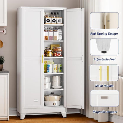 Metal Storage Cabinet with 2 Doors and 5 Adjustable Shelves - 74.8" Steel File Cabinet,Tool Cabinets for Office,Home,Garage,Gym,School (White)