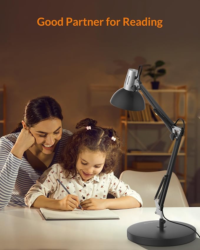 LEPOWER Metal Desk Lamp, Adjustable Goose Neck Architect Table Lamp with On/Off Switch, Swing Arm Desk Lamp with Clamp, Eye-Caring Reading Lamp for Bedroom, Study Room &Office (Black)