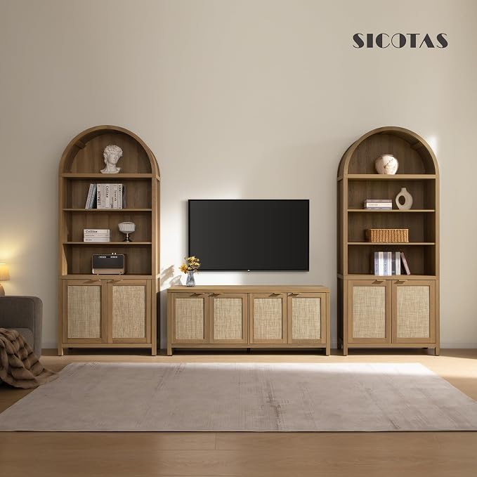 SICOTAS Book Shelf Arched Cabinet Bookshelf Arch 84.2" Tall Bookcase 5 Tier Large Bookshelves with Doors Storage Rattan Boho Wide Book Shelves Case for Living Room Kitchen Office Library