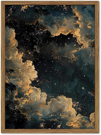 Dark Academia Cloud Wall Art, Vintage Moody Celestial Canvas Wall Decor Paintings, Maximalist Gold Night Sky Stars Aesthetic Posters Prints Pictures for Living Room Bedroom Home Decor 12x16 In Framed