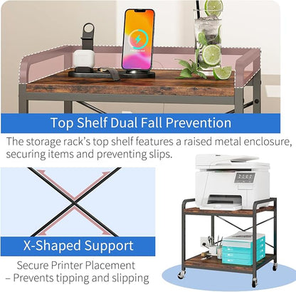 METYERRY Under Desk Printer Stand with Power Outlet,2 Tier Large Printer Table with Adjustable Shelf,Rolling Printer Cart with Industrial Wheels for Home Office,20"×20" Rustic Brown