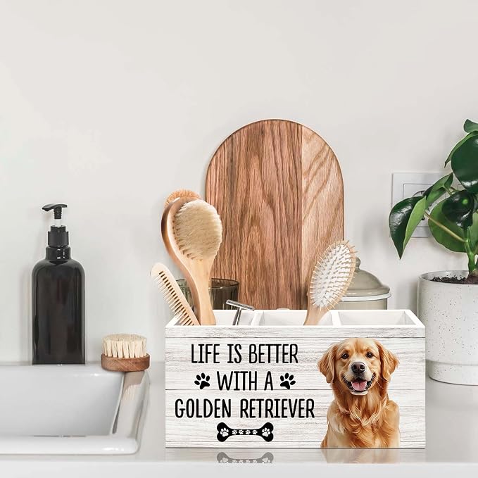 Golden Retriever Gifts Dog Pen Holder for Desk, Gifts for GoldenRetriever Lovers Pencil Organizer, Life is Better with A Golden Retriever Wood Pen Holder Desk Accessories Decor for Home Office