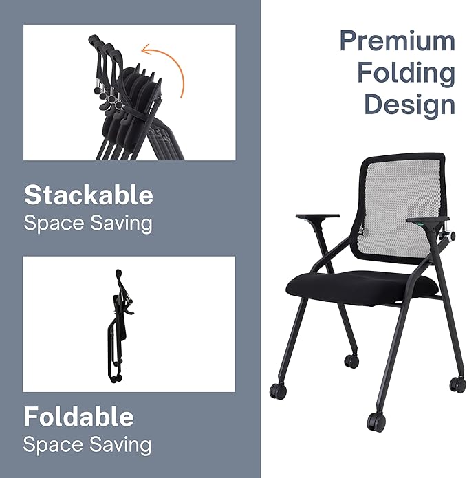 Updated Conference Room Chairs, Folding Office Desk Chair with Lumbar Support and Sliding Armrest with Casters, Stackable Office Guest Chairs & Reception Chairs, 6 Pack Black